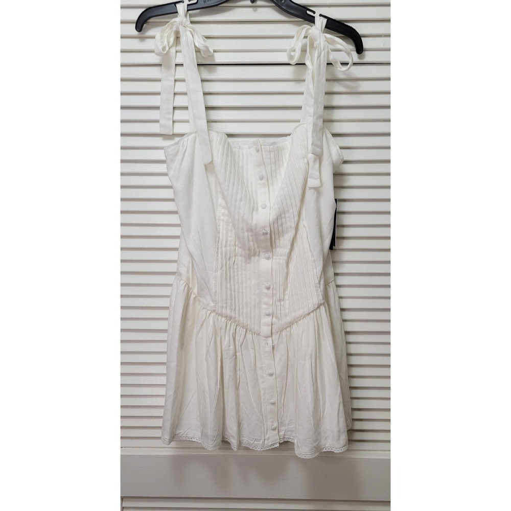 Mini Dress Seni & Cade White Tie Shoulder Button Front Pintuck